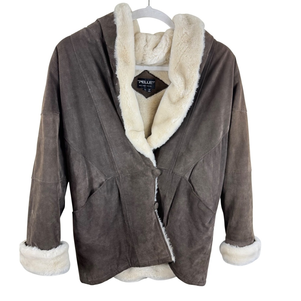 Pelle Vintage Brown Suede Leather Hooded Faux Fur Trim Jacket Womens Size Large
